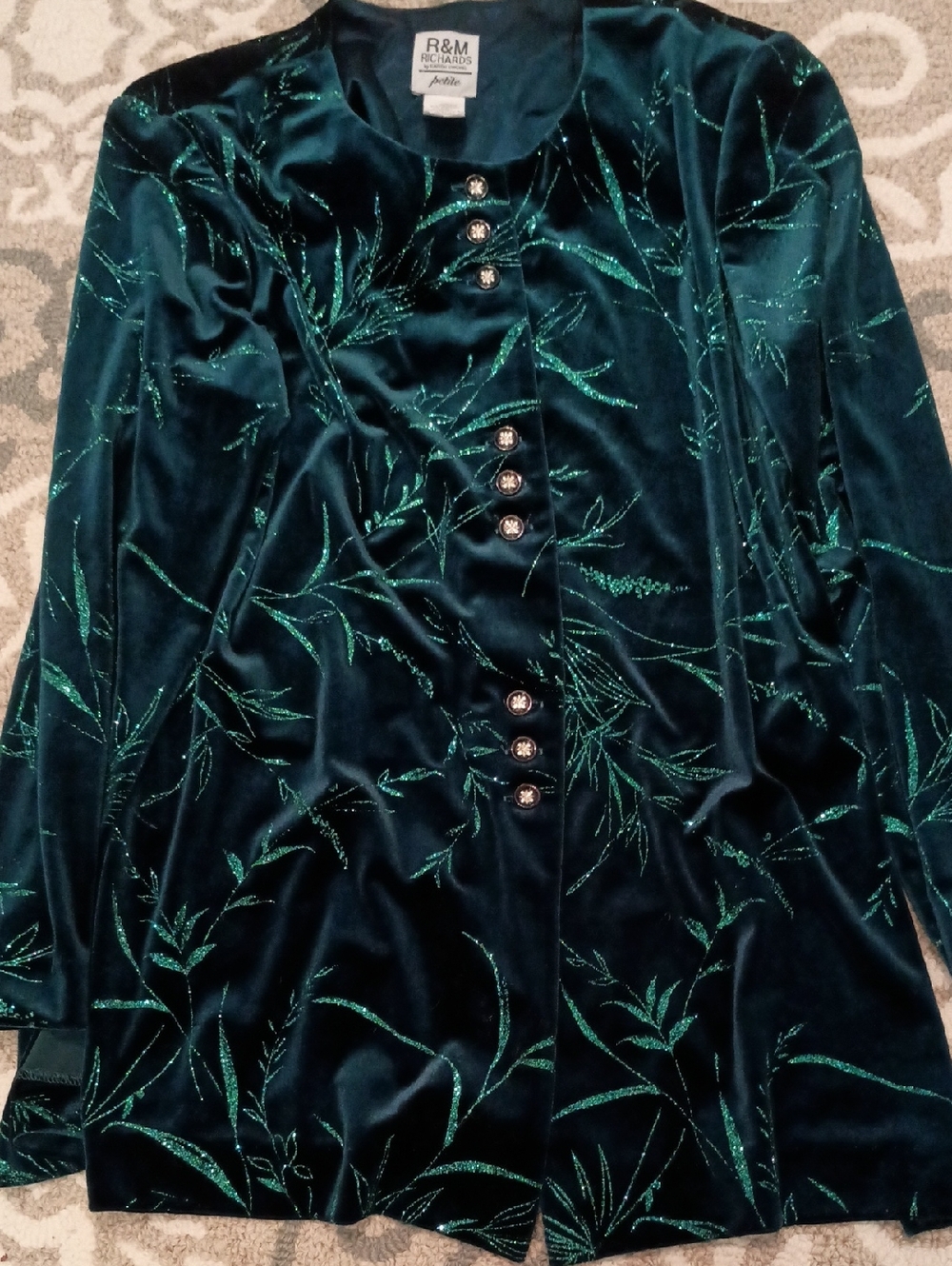 R&M Richards Deep Teal Velvet Button-Front Jacket with Green Metallic Embroidery